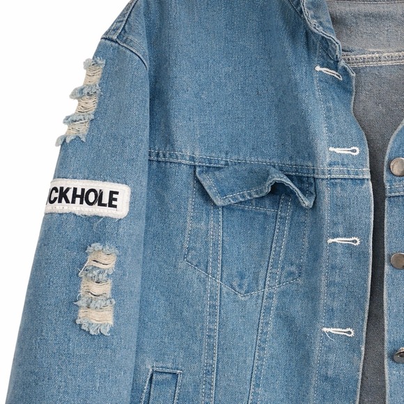 Aieryiyi Women's Small Distressed Denim Jacket Light Patch Moto Boho Streetwear - Picture 4 of 5